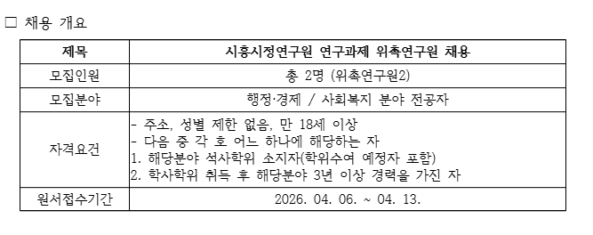 2026년도 시흥시정연구원 연구과제 위촉연구원 채용 홍보